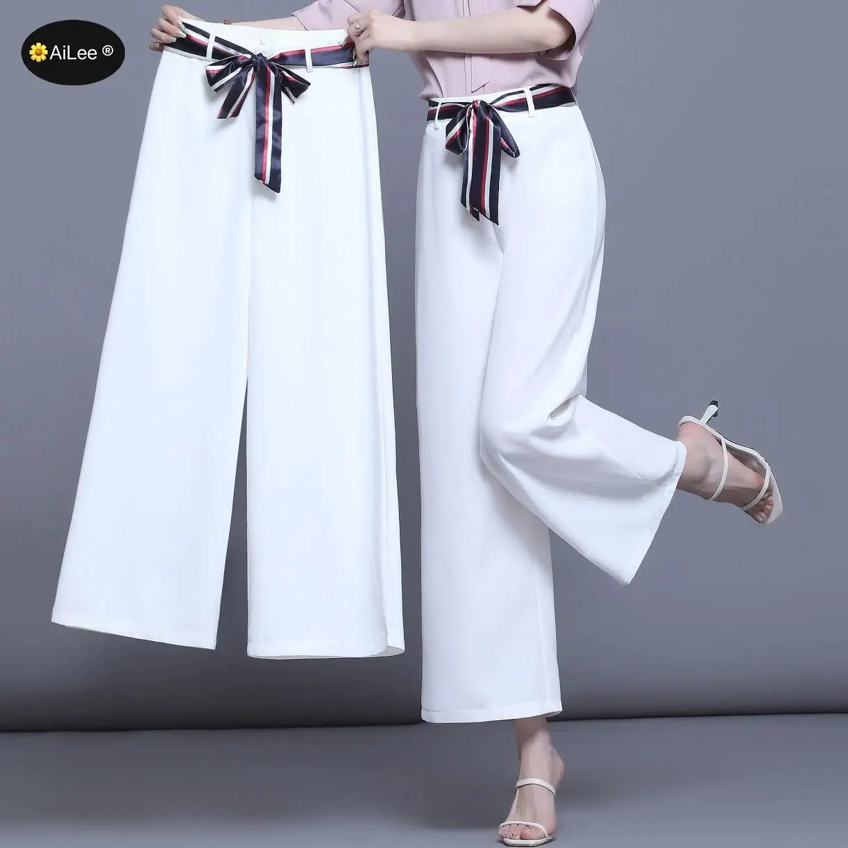 

White Wide Leg Pants Women Chiffon Trousers Elegant Casual Palazzo Pants Elastic High Waist Belt Oversized Pants Office Ladies