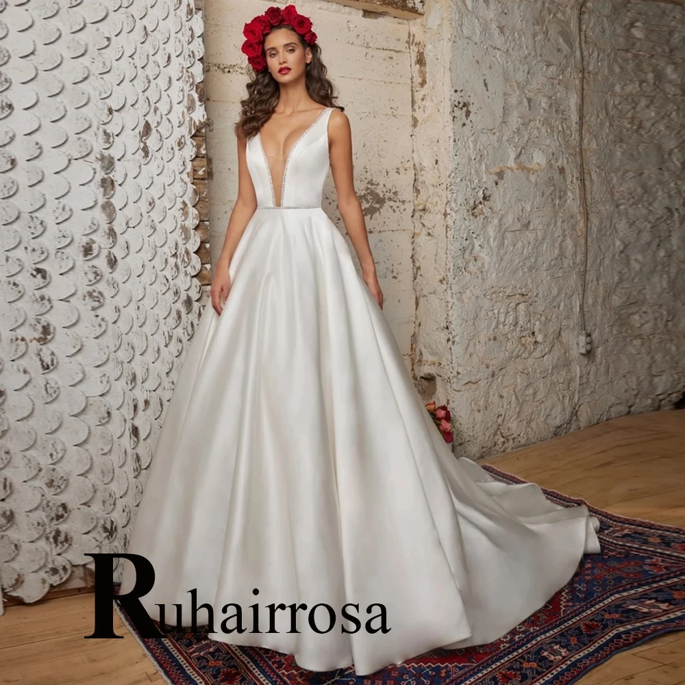 

Современное атласное свадебное платье Ruhair с глубоким V-образным вырезом, карманами, без рукавов, со шлейфом, на пуговицах, женское индивидуальное платье