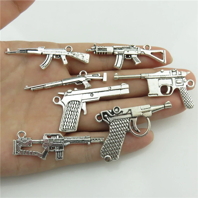 

6pcs Mixed Alloy Gun Charms For Jewelry Making Supplies Handmade Punk Accessories Silver Color Machine Guns Pistol Charm Pendant