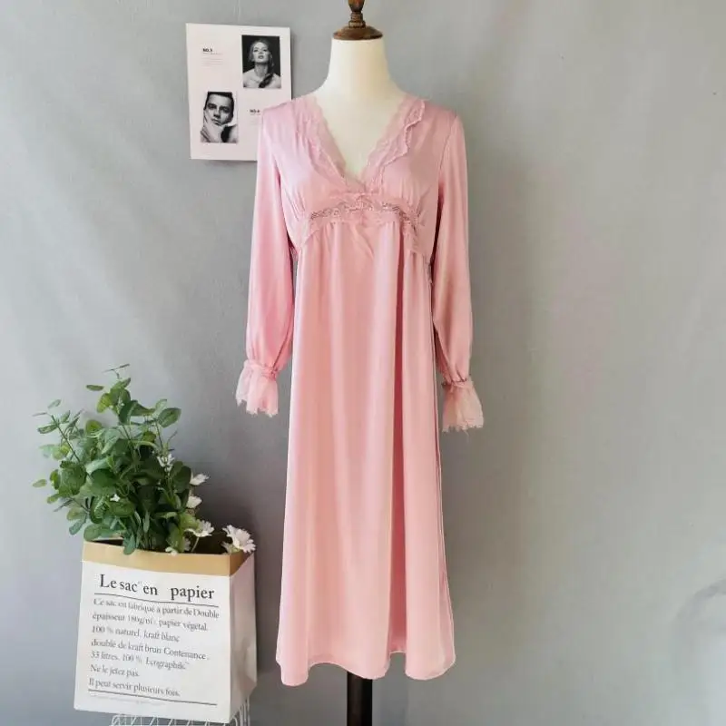 Women Sleepwear Satin Nightdress With Lace Nightgown Sleep Dress Long Sleeve Intimate Hollow Out Lingerie Home Dressing Gown