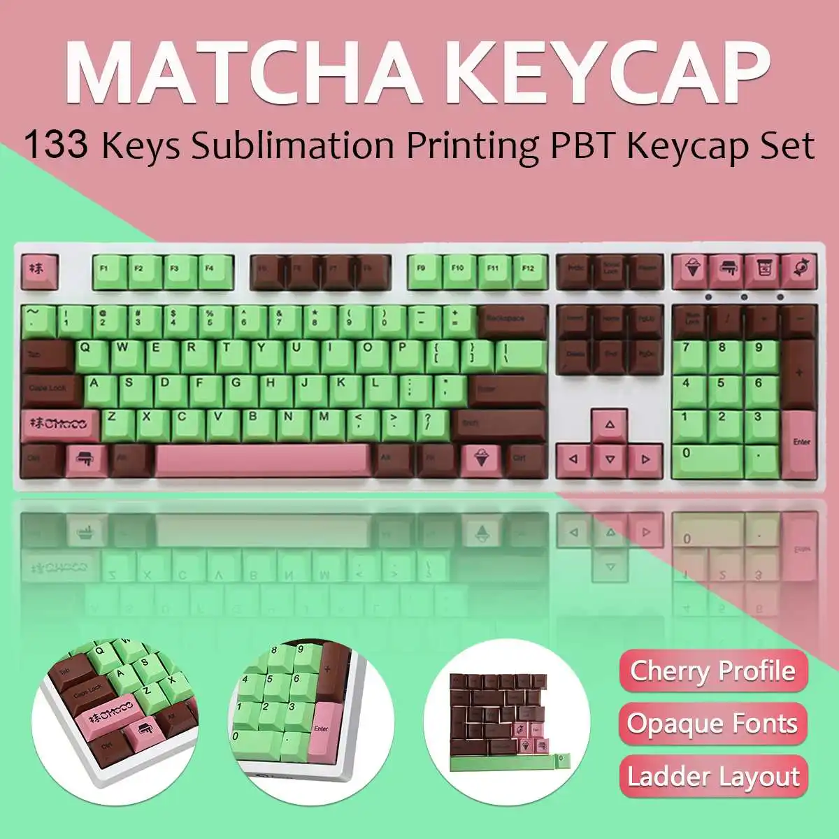

133 Keys Matcha Keycap Set Cherry Profile PBT Sublimation Keyboard Keycaps for 61/68/84/87/96/104/108 Keys Mechanical Keyboards