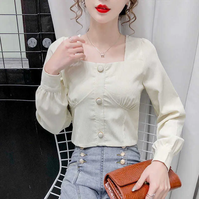 Women Shirt Blouse 'S 2022 Clothing Square Collar Long Sleeve Top Corduroy Blusas Mujer |