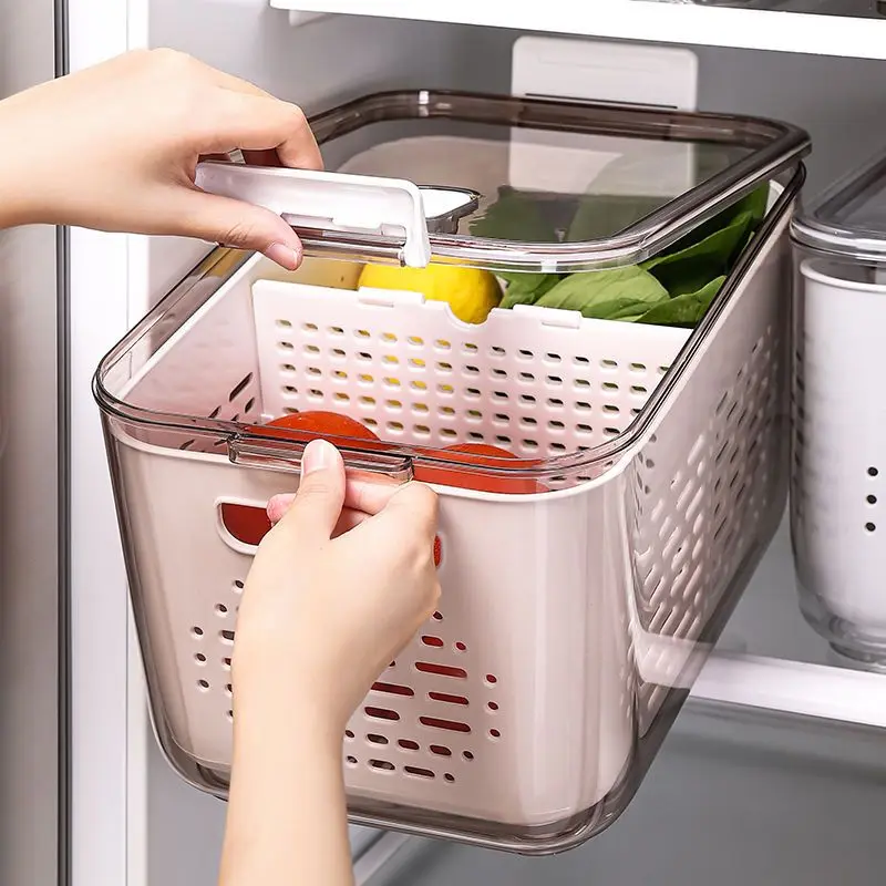 

Refrigerator Fresh-Keeping Storage Box With Drain Basket Vegetable Fruite Organizer Containers Kitchen Tools Fridge Sealing Box