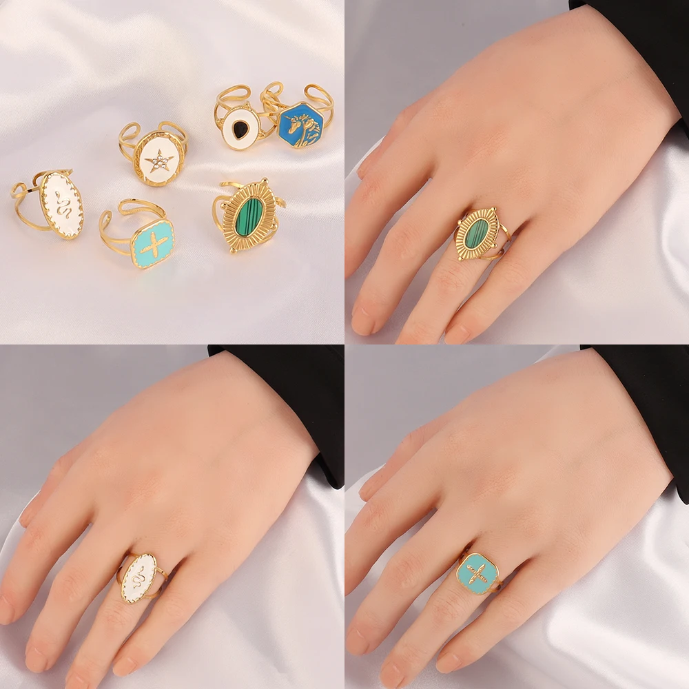 Vintage Stainless Steel Ring Gold Enamel Rings Geometry Colorful Chain Open For Women Jewelry Gift Wholesale |