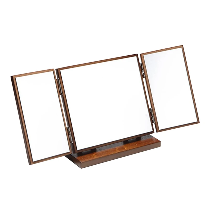 

Desktop Makeup Mirror Wooden Carved Folding Mirror Three-Sided Mirror Table Portable Creative Decorative Mirror