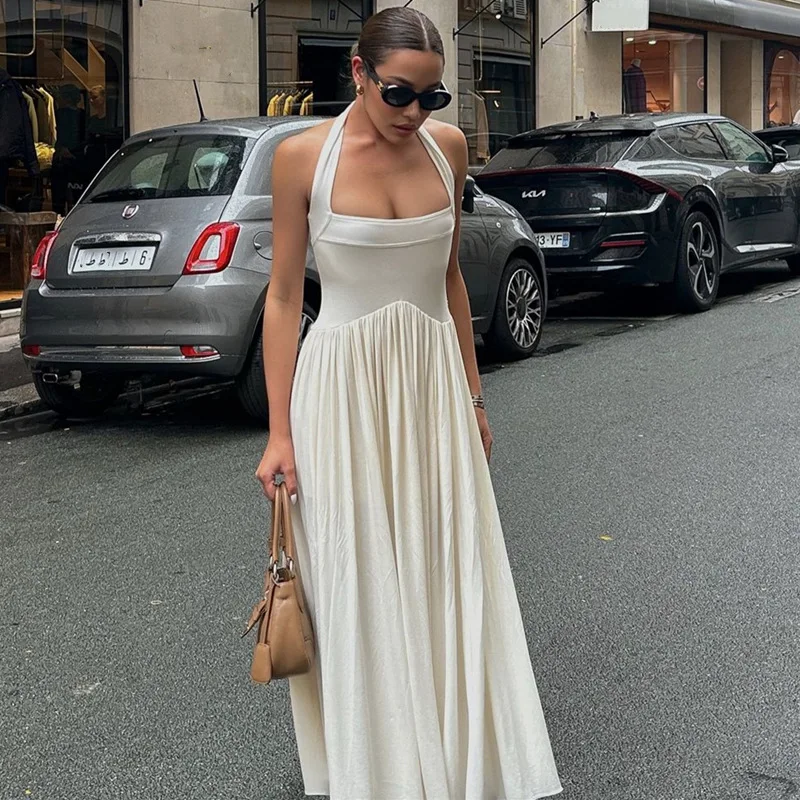 Летнее женское однотонное Плиссированное Платье макси с лямкой на шее