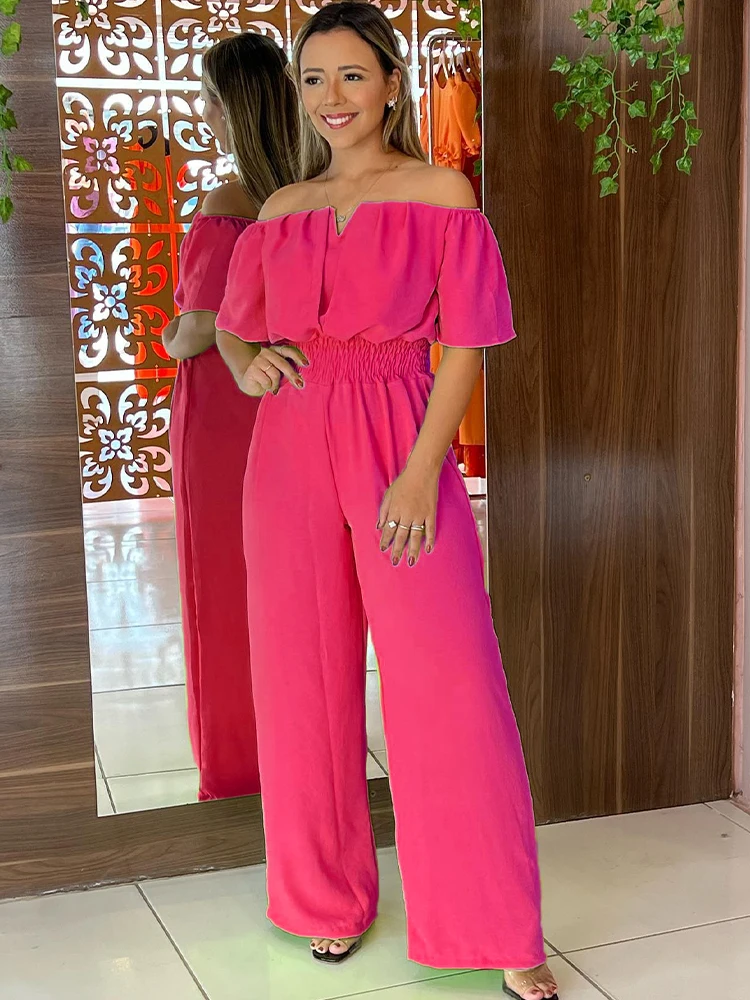 

Casual Women Slash Neck Elastic High Waist Jumpsuit Holiday Beach Wide Leg Romper Bohemian Styles Off Shoulder One Piece Overall