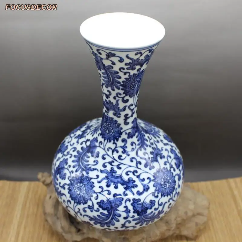 Фото Керамическая ваза для бутылок Qing Dynasty Qianlong, синяя и белая ваза с узором лотоса, ручная работа, Цзиндэчжэнь, антикварная фарфоровая керамика №5