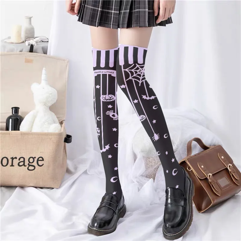 

Black Printed Lolita Stockings Thigh High Japanese Cute Lolita Print Over The Knee Student Loli Girl Stockings New Pumpkin Print