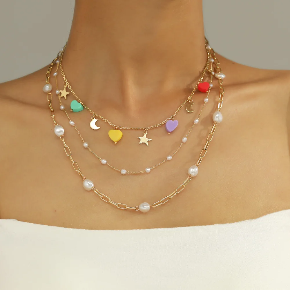 

Ins Fahion Multi-layer Tai Chi Heart Pendant Neckalce Metal Clavicle Chain Imitation Pearl Flower Beads Choker Necklace Jewelry
