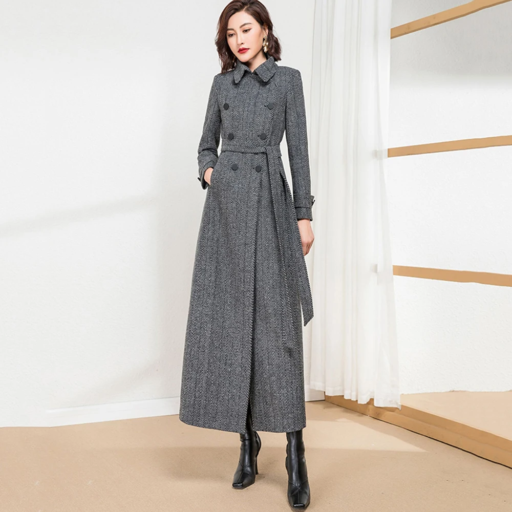 

New Women Long Woolen Coat Autumn Winter Fashion Hepburn Style Belt Slim Overlength Wool Blends Coat Gray Herringbone Overcoat