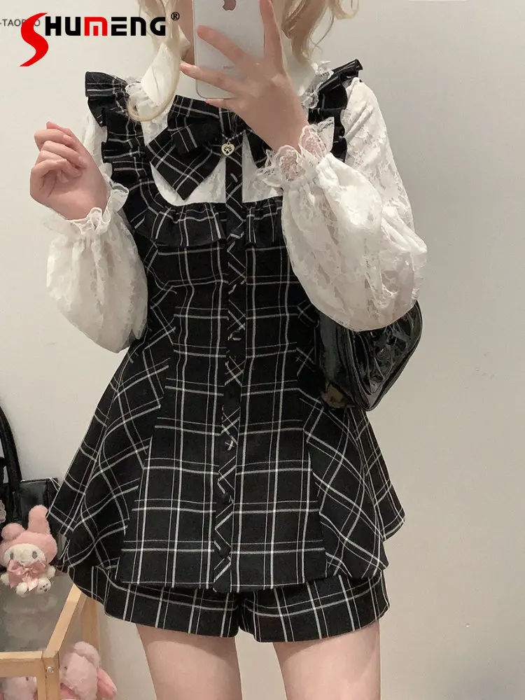 

Japanese Style Cute Plaid Two Piece Shorts Set Ruffles Collar Lace Stitching Bow Long Sleeve Blouse Women Shorts Suit 2 Pieces