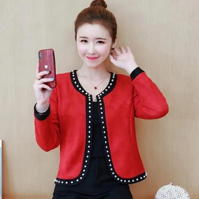 

Fashion Suit Women Jacket Coat New 2023 Spring Female Coat Beaded Small Short Slim Spring Autumn Quterwear Red