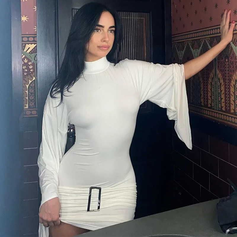 

Solid Pleated Bodycon Mini Dress Women Autumn Turtleneck Flare Sleeve High Waist Metal Buckle Elegant Dresses Club Partywear