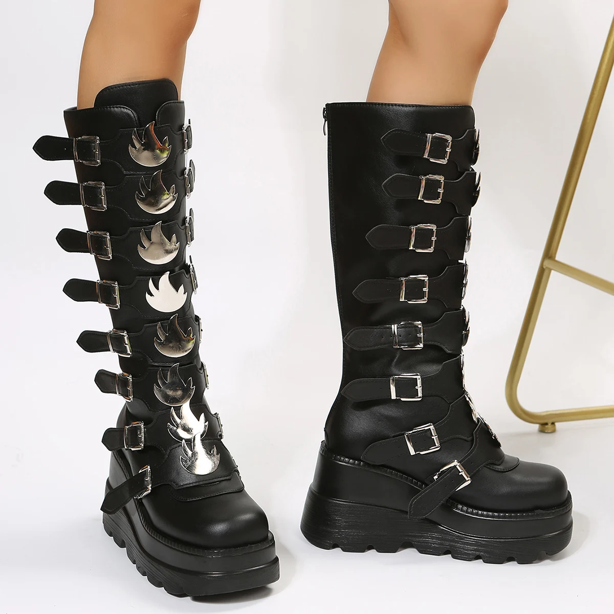 Punk Style Brand Ladies Motorcycle Boots Black Fashion Wedge High Heel Shoes Autumn Winter Gothic Demonias Platforms Woman Boots