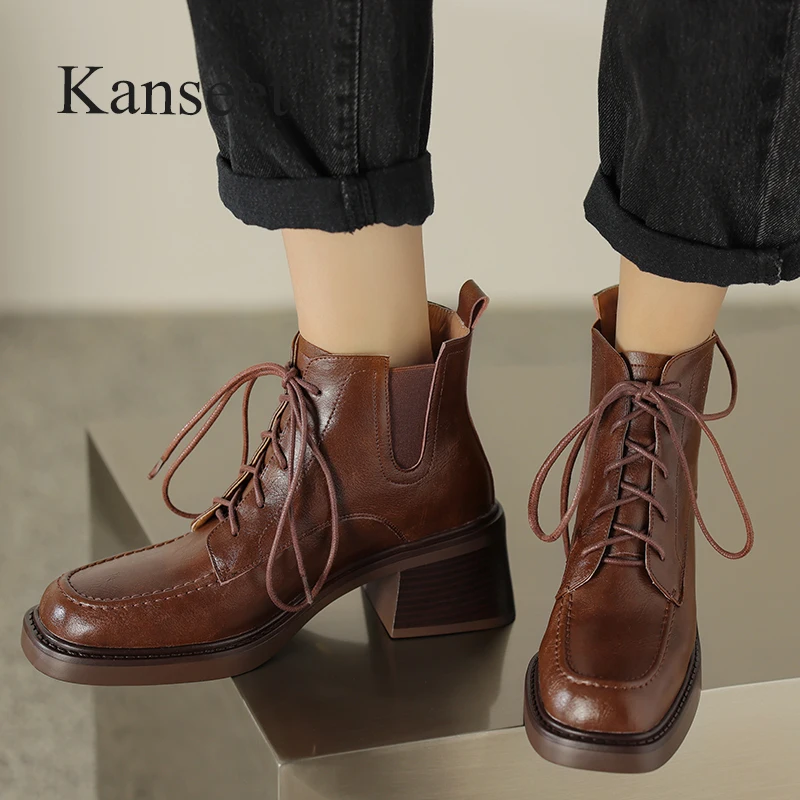 

Женские ботильоны из натуральной кожи, на шнуровке, с круглым носком