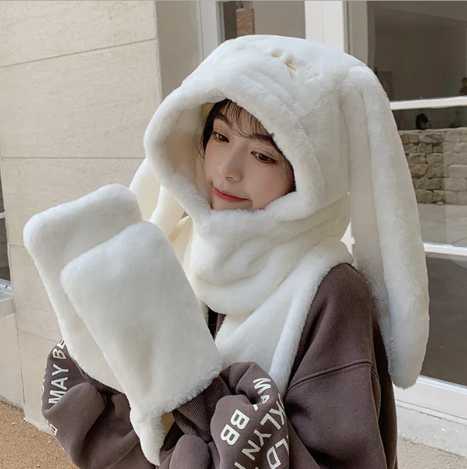 

Rabbit Big Ears Plush Cross Border Cycling Lovely Hat Female Cold Hat Autumn Winter Scarf Gloves One Girl Hat Student White
