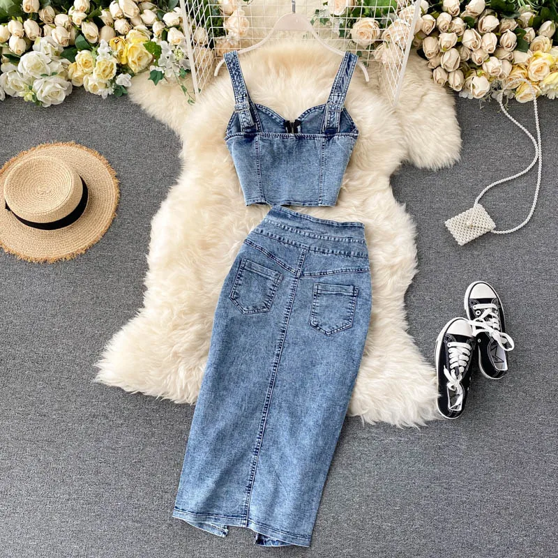 E GIRLS  Summer Denim 2 Pcs Women Set Sexy Clavicle Exposed Sleeveless Camis Top + High Waist Hip A Line Split Skirt Suit