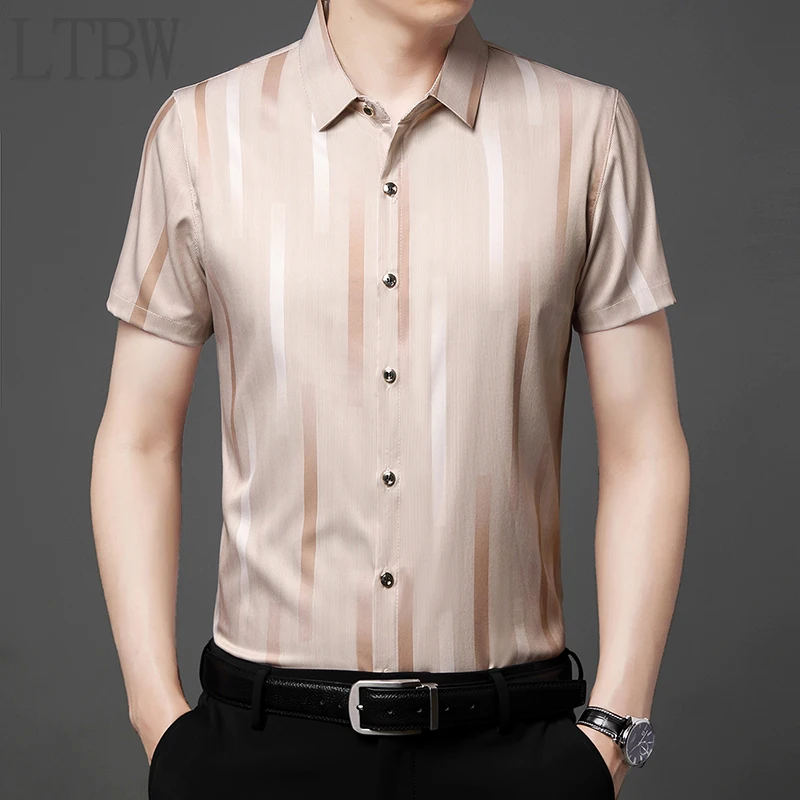 LTBW Fast Shipping New Vertical Striped Men's Short Sleeve Shirt Casual Short Sleeve Top