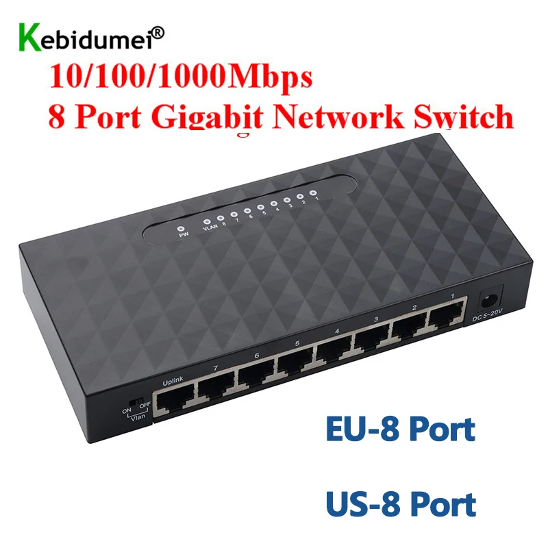 Kebidu – commutateur de réseau gigabit 100/1000Mbps  séparateur de 8 ports Ethernet RJ45 Lan Hub