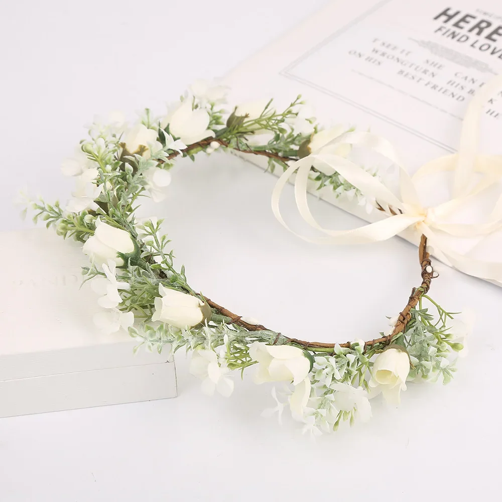 

Hawaii Romantic White Rose Flower Crown Rustic Floral Hairbands Head Wreath for Wedding Garland Beach Travel Hair Accessories