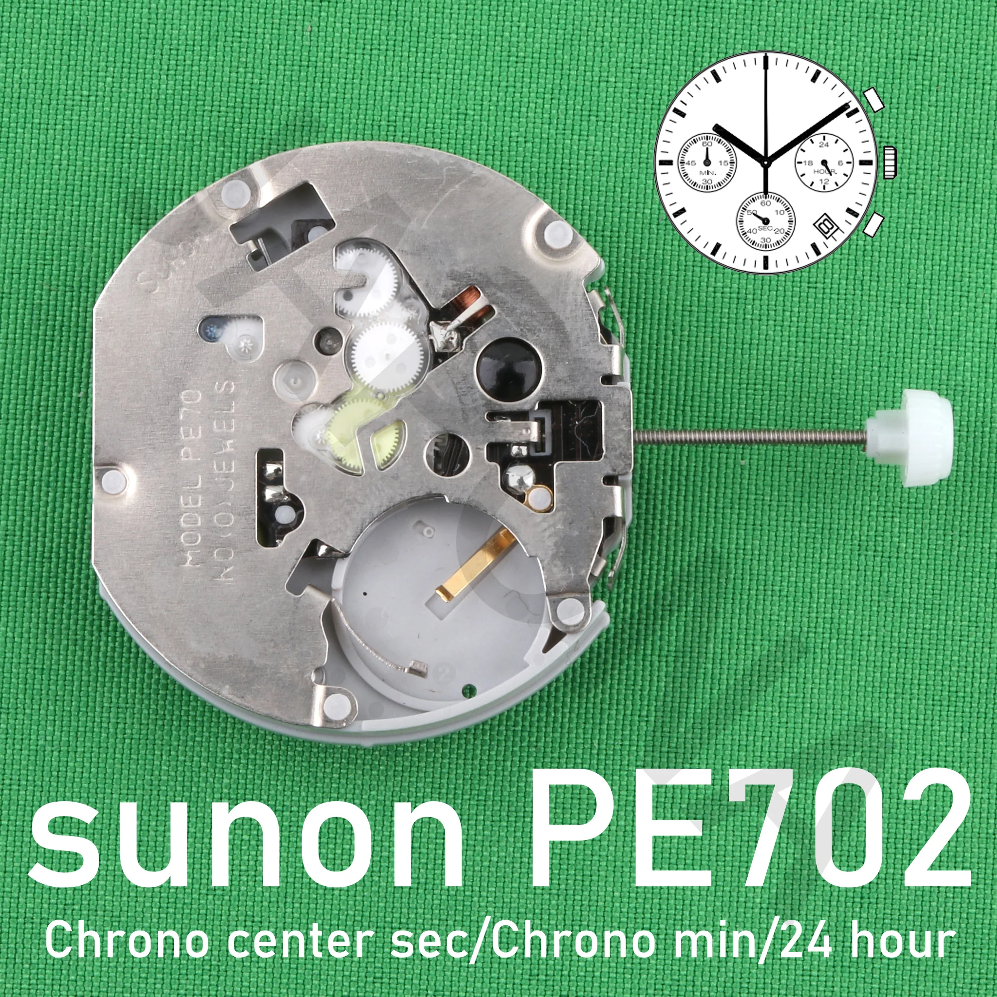 PE702 movement china sunon pe702 movement Three Hands with 3Eyes ＆Date Small Chronograph Second ＆ Minute,24Hour