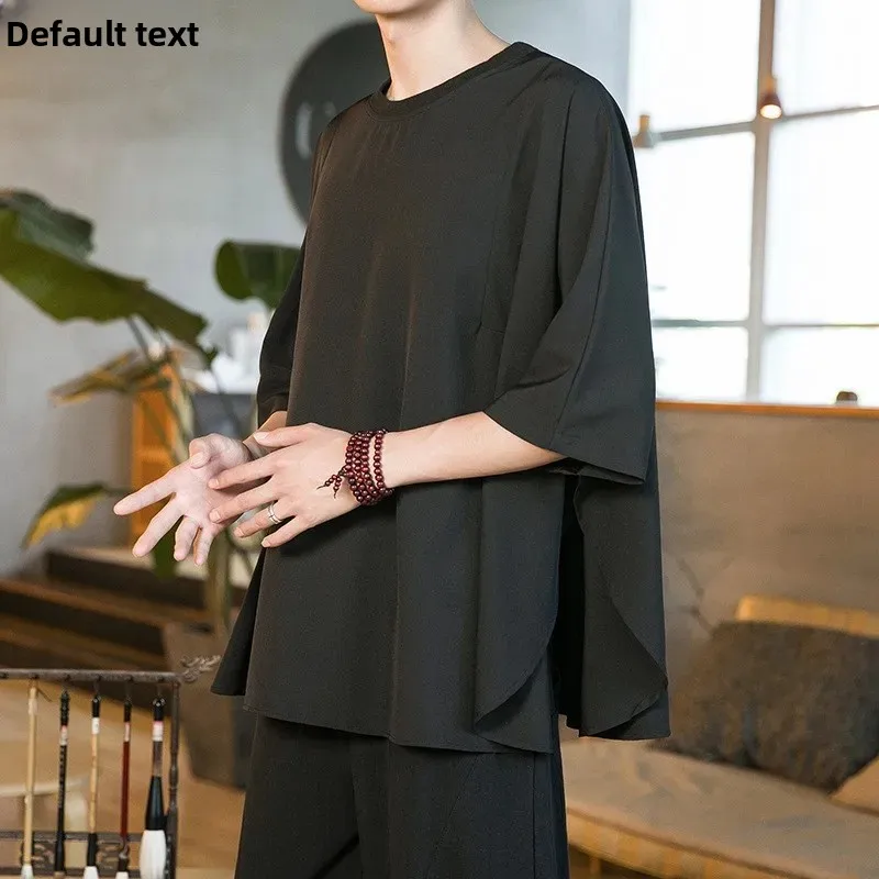 Mountain Born Yesi Dull Black Batwing Sleeved T-Shirt Niche Design SensibilityBottom Side Slitshort Sleeves Draped Ice Silk Body