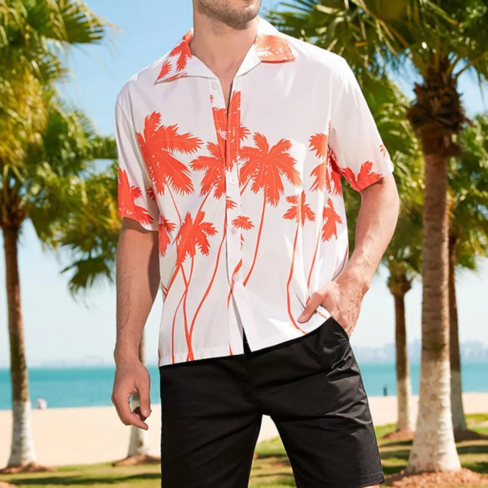 

Beach Shirt Loose Single-breasted Hawaii Banana Coconut Tree Leave Print Short Sleeves Men Summer Tops Holiday Daily Clothes