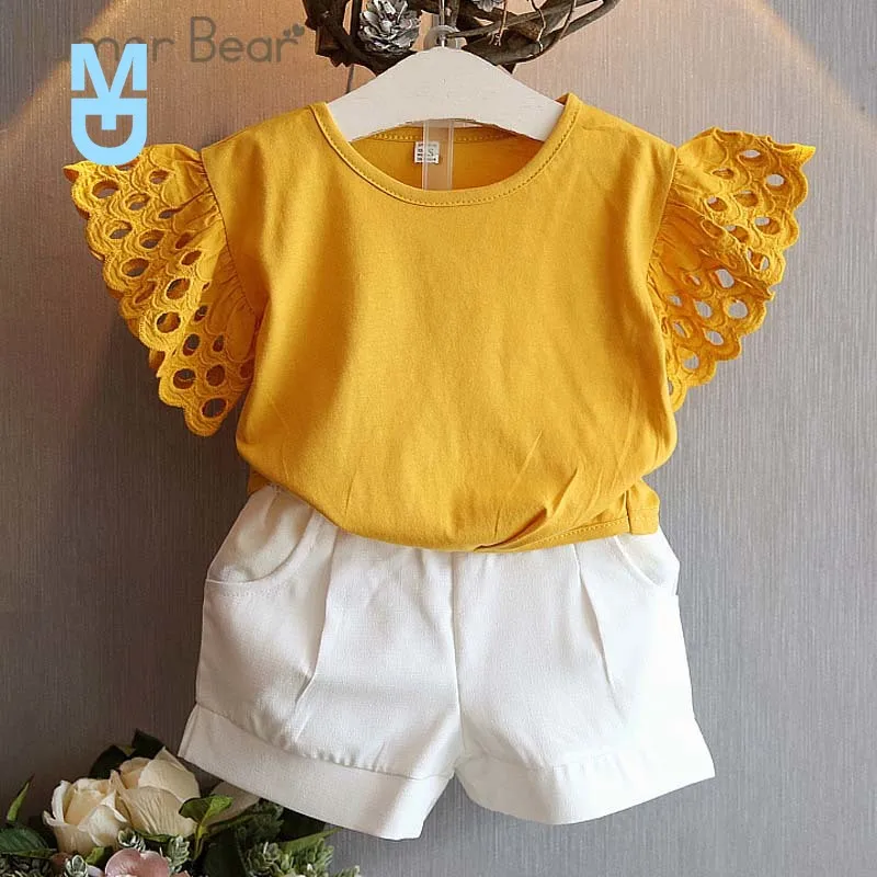 

New Girls Clothing Set 2022 Summer Flower Hollow sleeve Tops +Shorts Kids Suits