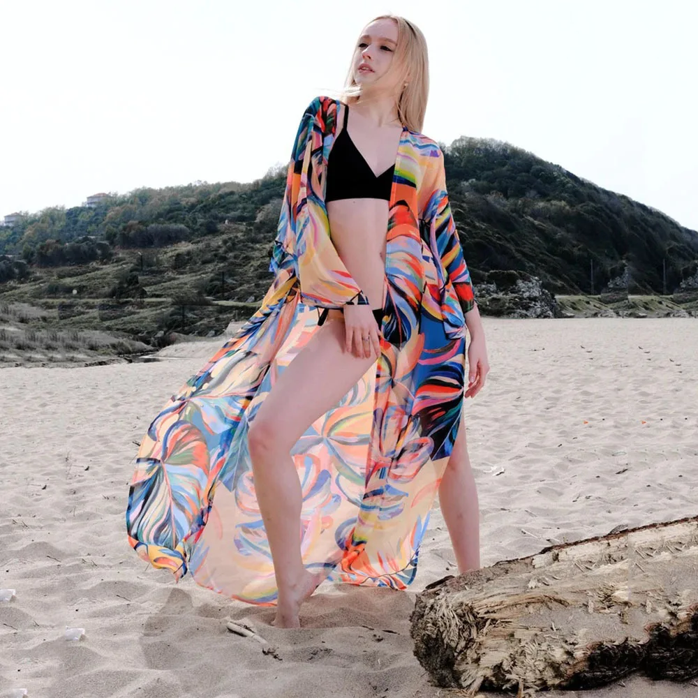 Summer Printed Cardigan Kimono Bohemian Beach Skirt Bikini Swimsuit Sun Shirt Gown