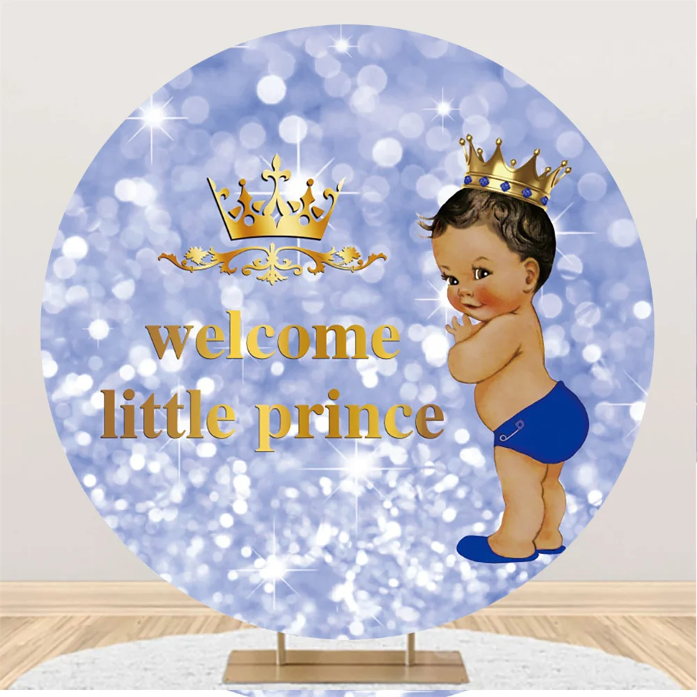 

Purple Glitter Golden Crown Baby Boy Shower Round Backdrop Welcome Newborn Party Photo Circle Background Table Booth Poster
