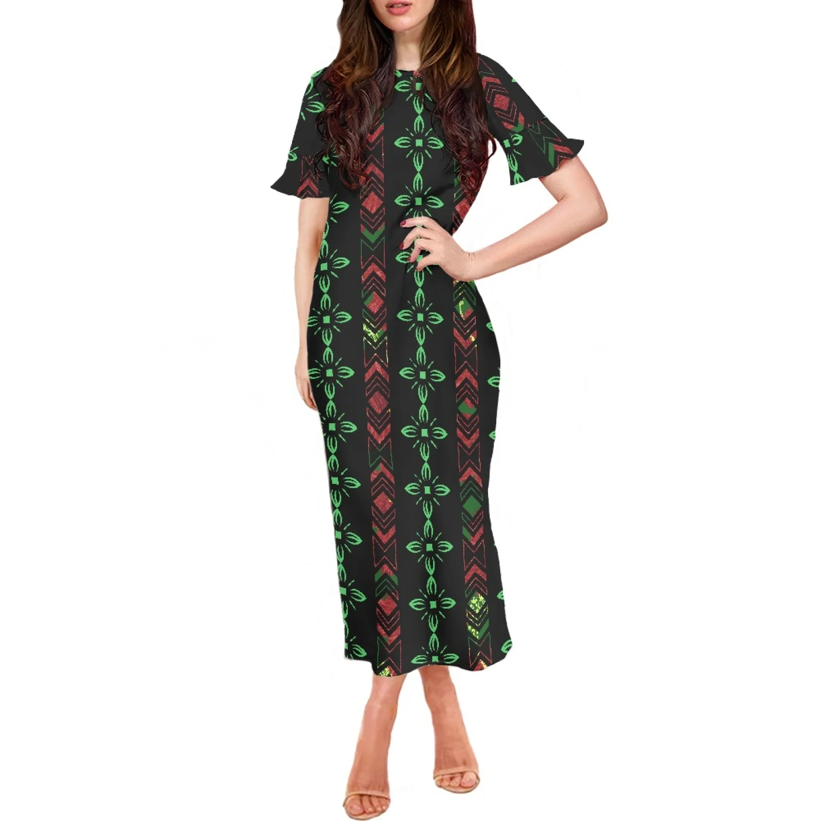 

Polynesia 4XL Short Ruffle Sleeve O-Neck Sexy New Long Dress Chic And Elegant Woman Dress Summer Trends Print Clothing