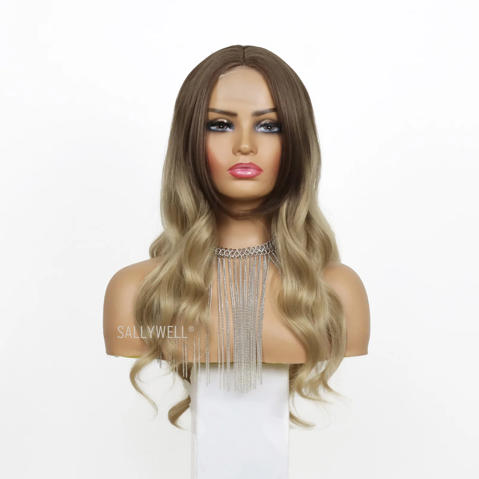 Long Natural Wavy Brown Lace Wig Half Hand Tied Realistic Looking Glueless Synthetic Wigs for Women