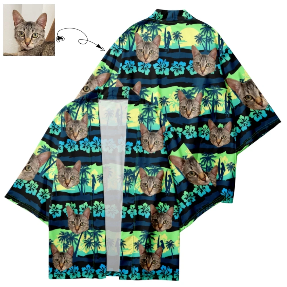 

Custom Kimono Tropical Floral Hawaiian Cape Personalized Parner's Photo Japanese style Kimono Costume Beach Kimono