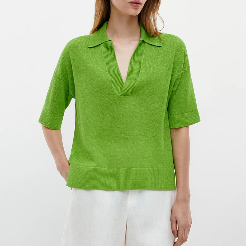 

Новинка весна-лето 2022, женские рубашки-поло с воротником, 100% лен, вязаный свитер, топы с коротким рукавом, Элегантная модная футболка высоког...