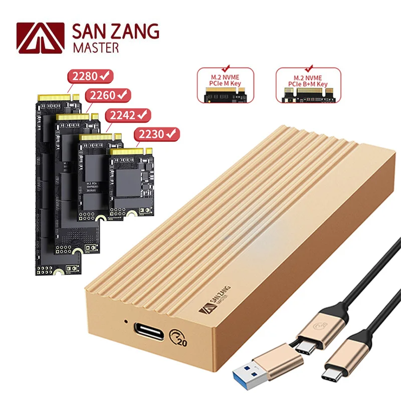 

SANZANG M.2 NVME SATA SSD Enclosure Adapter Aluminum 20Gbps USB3.2 Gen 2 NVME PCIe or 20Gbps External Solid State Drive