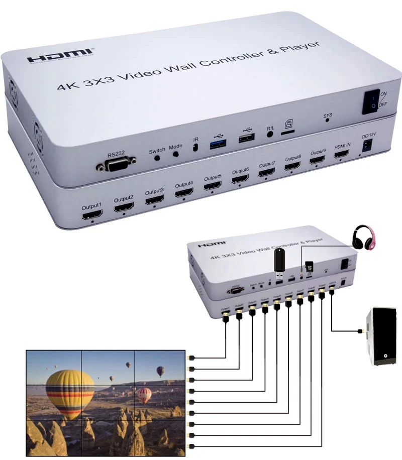 

4K 3x3 Video Wall Controller USB Player Multi Screen Splicer 2x2 2x4 1x3 1x4 9 TV Wall Splicing Box 2x3 HDMI TV Wall Processor