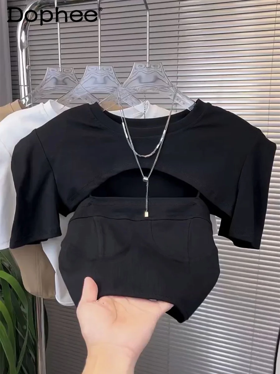 

Sexy Slim-Fitted Suspenders Vest Short-Sleeved T-shirt for Women 2022 New Summer Korean Fashion Solid Tshirt Y2k Top 2-Piece Set