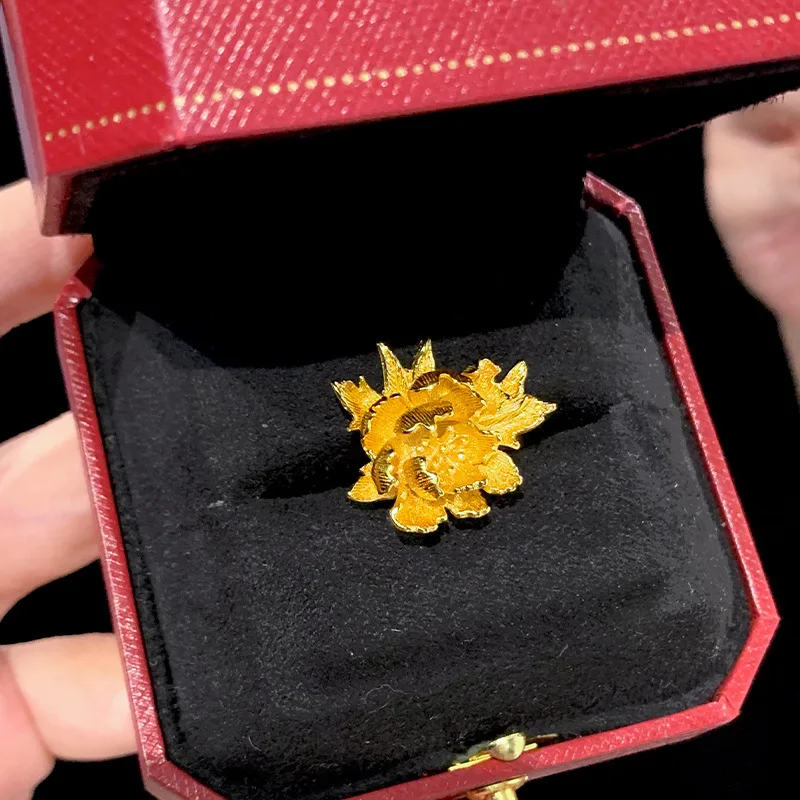 Фото Роскошное кольцо из чистого золота 24K 9999 пробы с цветком пиона, женские серьги, регулируемое кольцо с открывающимся механизмом №4