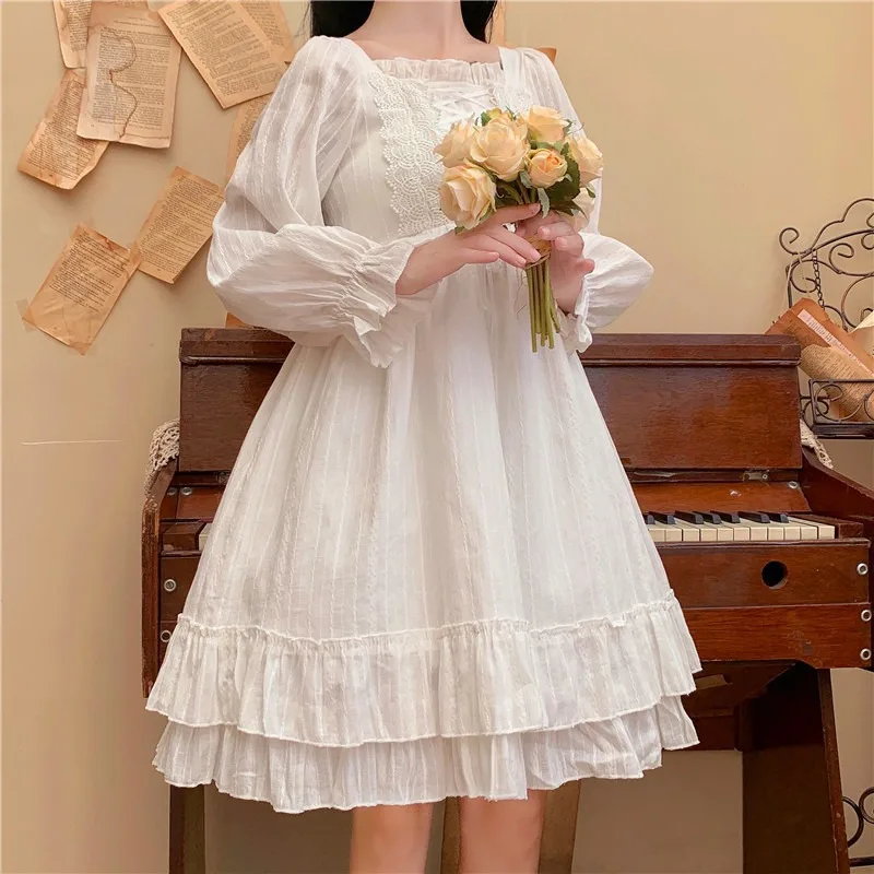 

FEZCO 2022 Spring Lace Skirt Long Sleeved Platycodon Lolita Princess Dress Kawaii Fairy Birthday Dress Women Sweet Girl Style