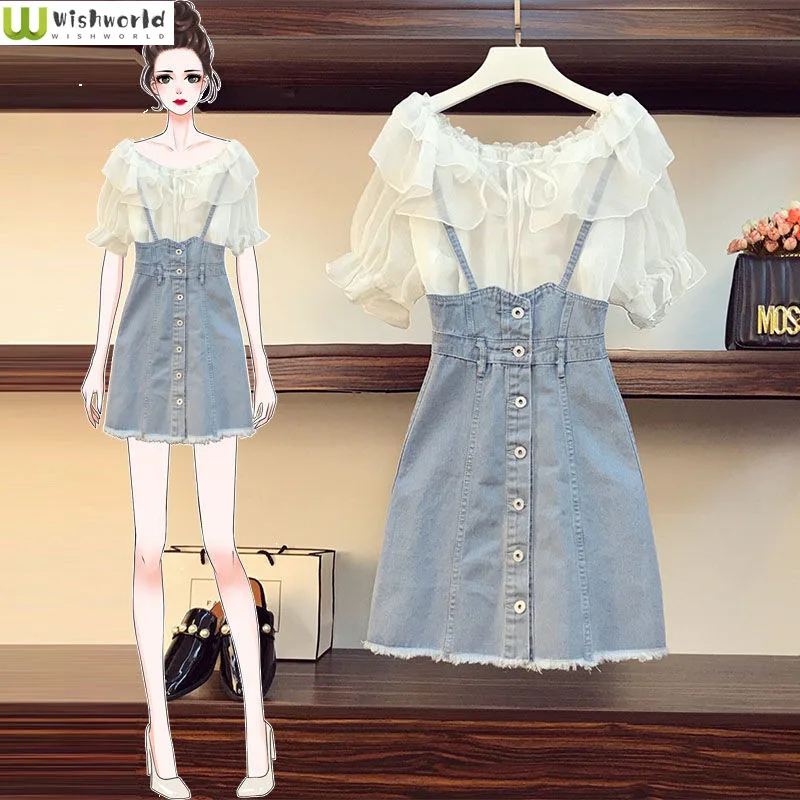 

Large 2022 Summer New Slim Fashion Chiffon Shirt Denim Suspender Dress Fat Sister Foreign Style Two-piece Women's Suit