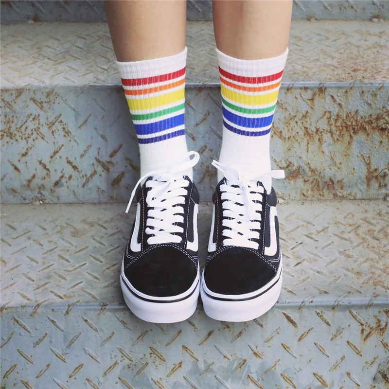 

Harajuku Cool Skateborad Short Rainbow Stripes Socks Art Women Man Fashion White Cotton Cocks Hipster Colored Ankle Sox Female