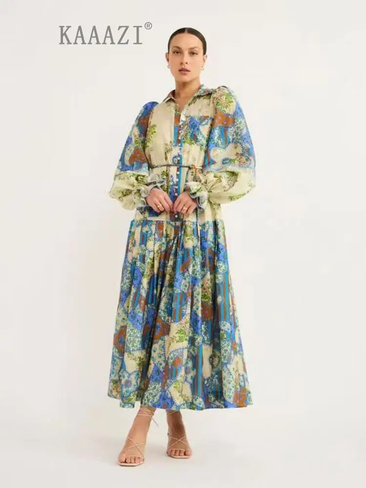 

KAAAZI Vintage Print A-line Big Hem Loose Women Long Dress Elegant Casual Fashion Long Sleeve Autumn New Female Maxi Dress
