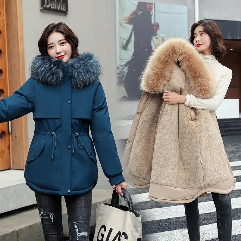 

Women Parkas 2023 New Big Fur Collar Plus Velvet Cotton Coat Warm Thick Cotton Padded Jacket Winter Women Outwear Hooded Jacket