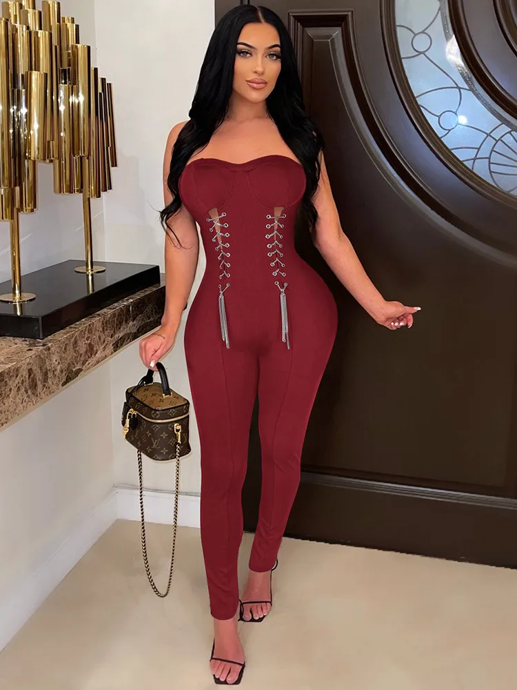 

Sexy Nightclub Girls Chain Hollow Spliced Bodycon Jumpsuit Women Strapless Off The Shoulder Bodysuit Birthday Party Club Rompers