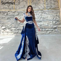 sumnus moroccan caftan evening dress appliques lace cap sleeve royal blue mermaid slit velvet arabic prom gowns party dress 2022