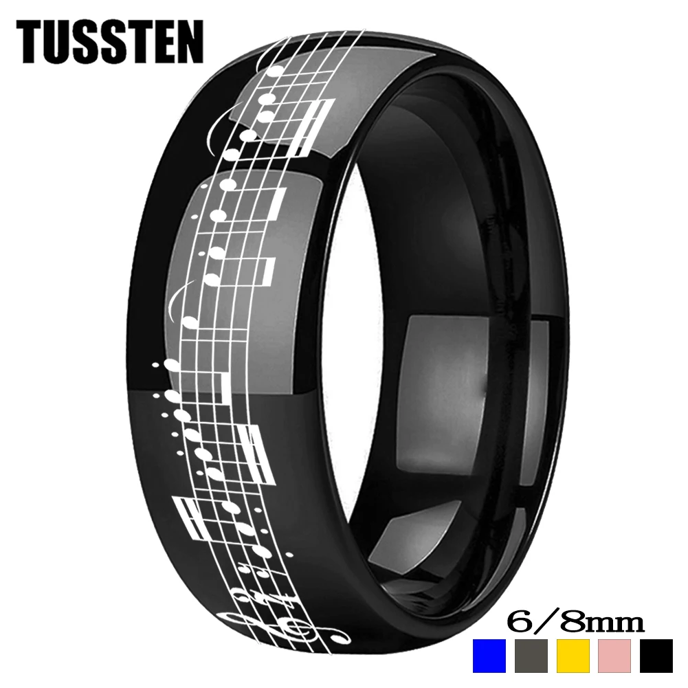 

TUSSTEN 6/8MM Men Women Tungsten Wedding Band Laser Engraving Piano Five-Line Note Music Ring Domed Polished Comfort Fit