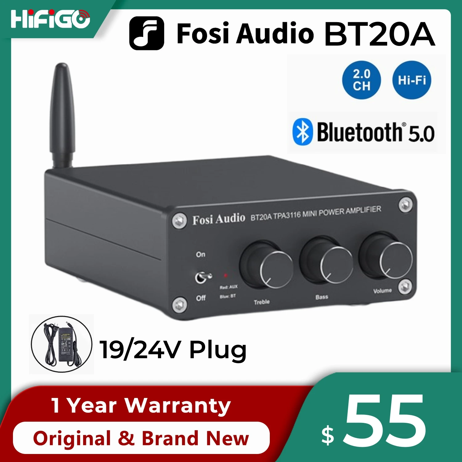 

Усилитель Fosi Audio BT20A Bluetooth 5,0, 2-канальный стереомагнитофон, 2*100 вт, мини hi-fi усилитель класса D для домашней аудиосистемы