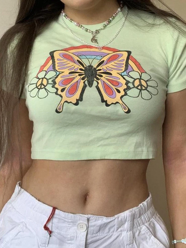 

Retro Women Butterfly Y2k Crop Top Green O Neck Short SleeveT Shirt Grunge Fairycore Tank Top Pullover Chic Tee Harajuku Shirt