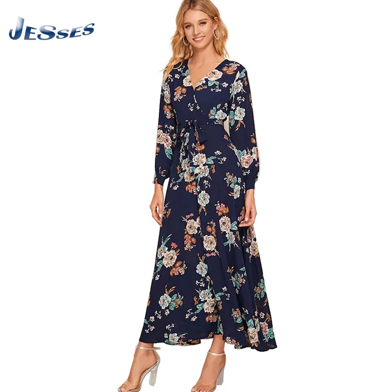 

Шифоновое платье с цветочным принтом, женское весеннее пляжное платье с V-образным вырезом и длинным рукавом, свободные осенние платья с поя...